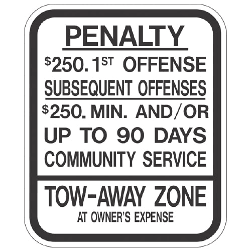 Penalty $250 1st Offense, Tow-Away Zone Sign for New Jersey